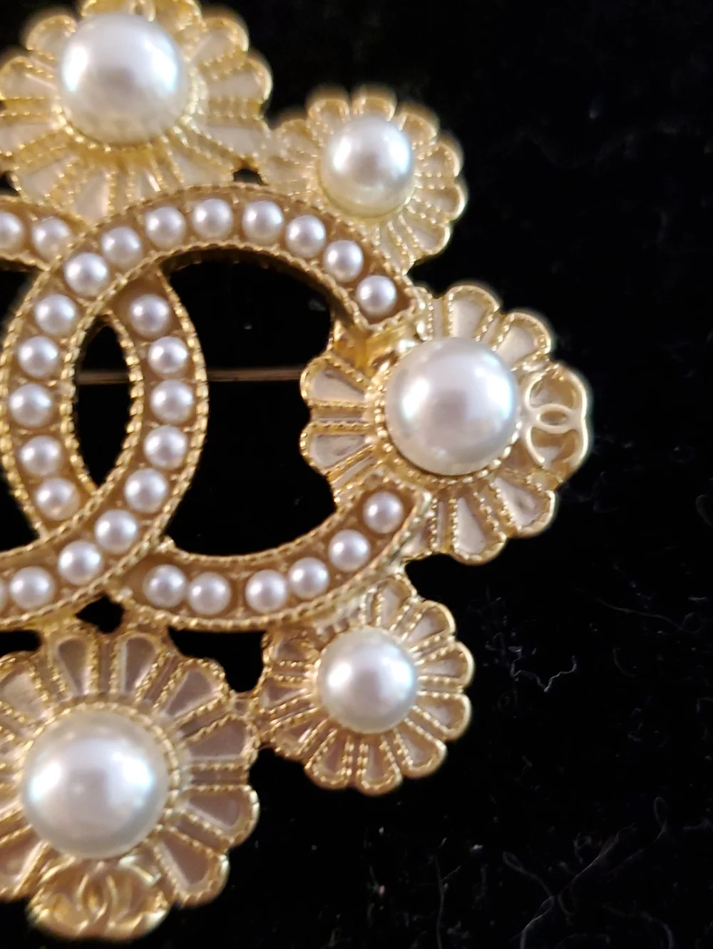 Chanel Gold Pearl Floral Logo Brooch -